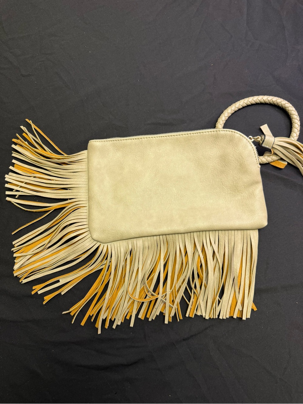 Fringed Wristlet Clutch in Light Taupe with Mustard Accents